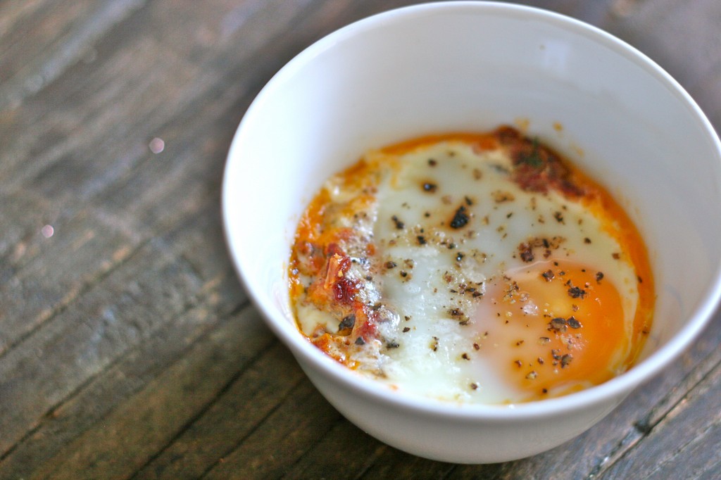 Easy Baked Eggs With Sun Dried Tomatoes And Parmesan